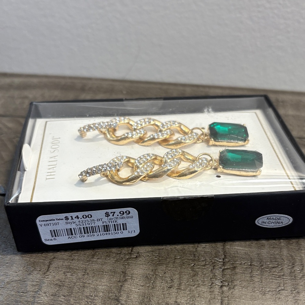 Thalia Sodi Gold and Emerald Green Chain Earrings - Picture 3 of 3